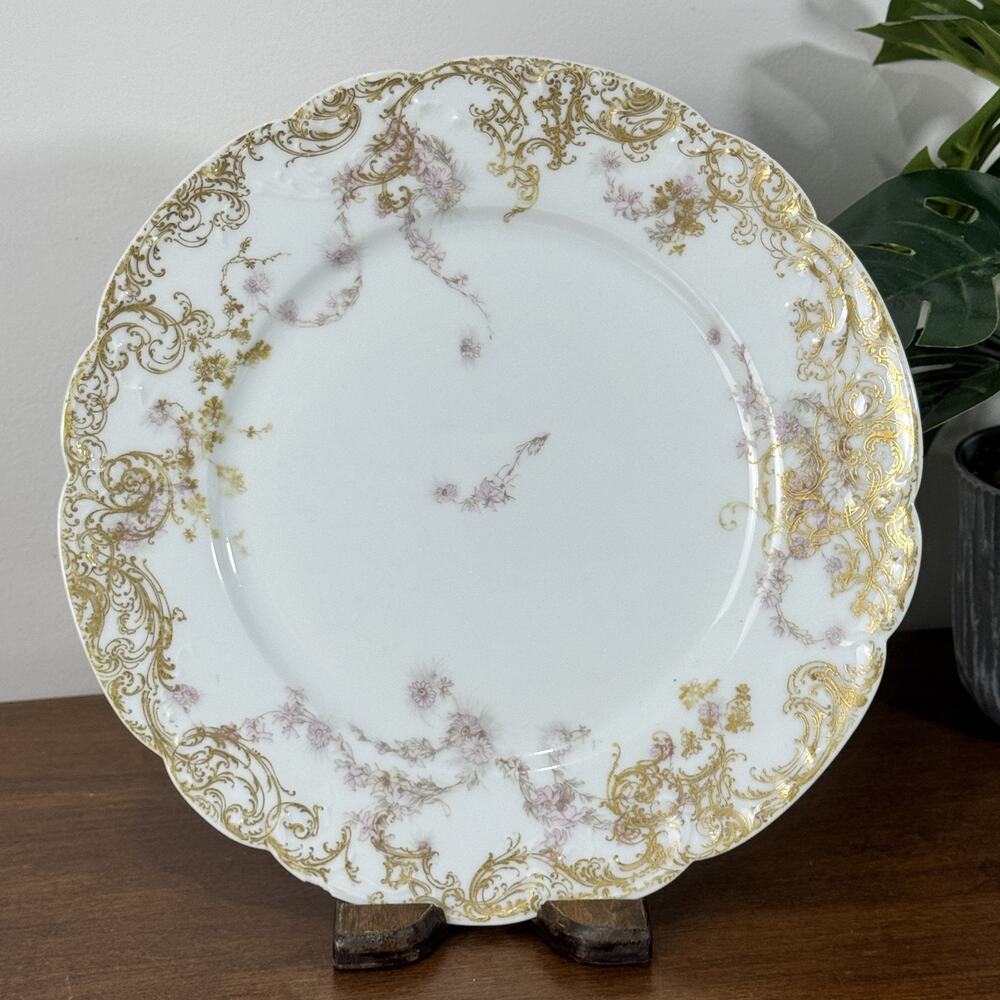 Antique Haviland Limoges France Collector Plate Scalloped Gold Pink Floral H&C